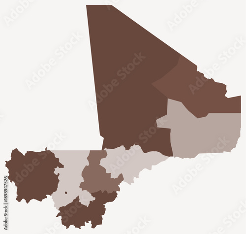 Map of Mali with regions. Just a simple country border map with region division. Brown color palette. Plain Mali shape with administrative division. Vector illustration.