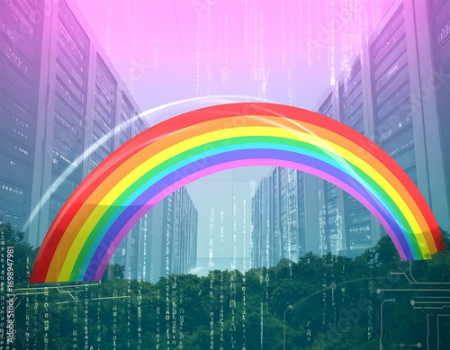 Rainbow over city data center