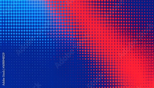 Abstract blend of vibrant red and blue halftone dots