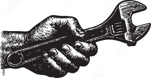 Linocut etching style illustration of a hand holding adjustable wrench mechanic repair tool black and white engraving