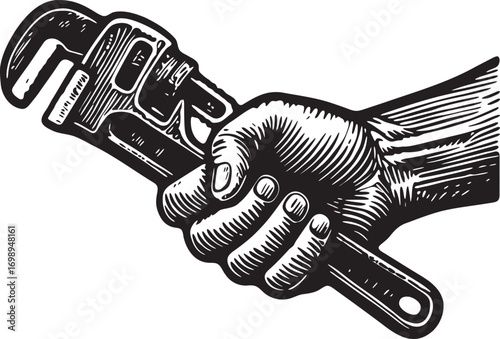 Linocut etching black and white illustration of a hand gripping pipe wrench plumber repair tool vintage engraving vector