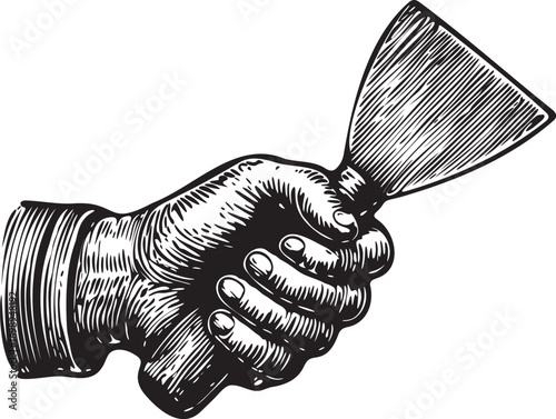 Black and white linocut etching illustration of a hand holding scraper putty knife tool for plaster retro engraving vector