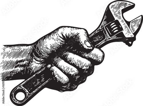 Linocut black and white etching illustration of a hand holding adjustable wrench mechanic repair tool engraving vector