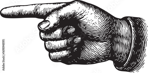 Black and white linocut etching illustration of a hand pointing to the right with extended index finger retro style engraving