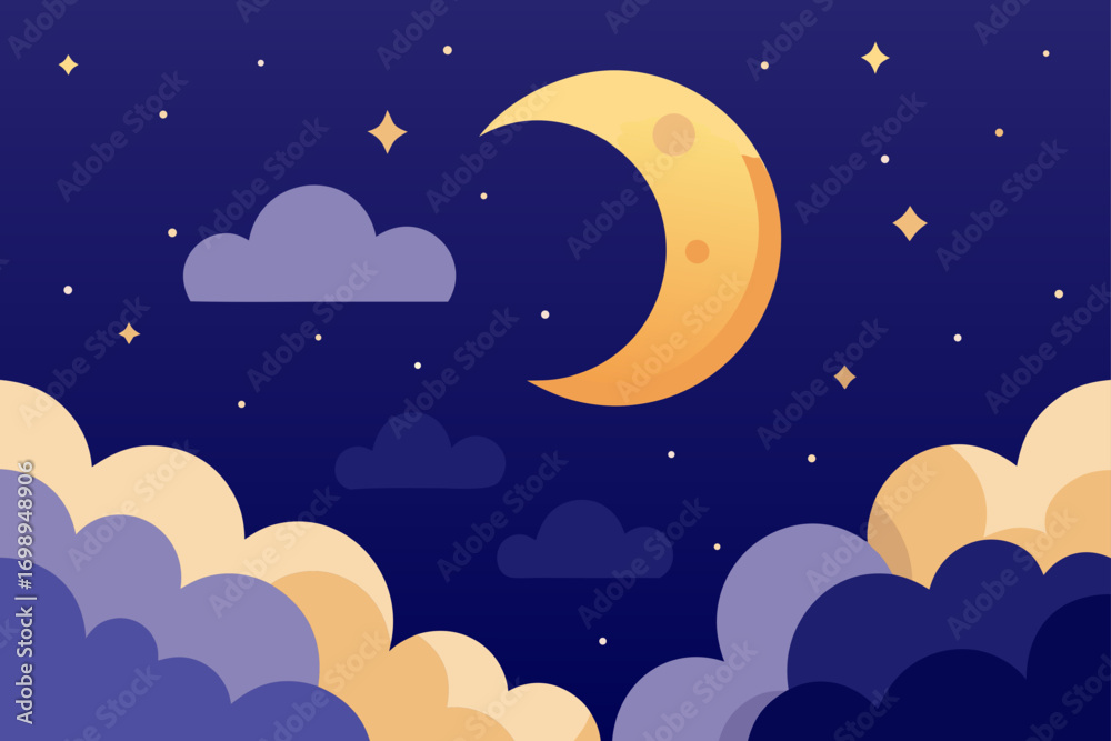 Fototapeta premium A vector illustration of a bright full moon in a starry night sky with clouds