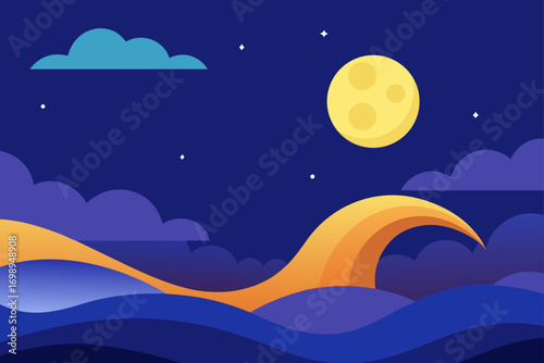 A vector illustration of a tranquil night sky over a moonlit ocean, with gentle waves lapping a summer beach