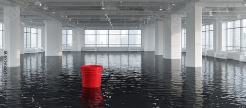 Flooded modern office space. A red bucket sits in the center of a dark, flooded floor