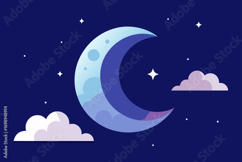 An elegant night sky illustration with a full moon and twinkling stars surrounded by dark clouds