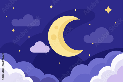 A cute cartoon illustration of a sleepy moon surrounded by whimsical stars and clouds in a dark blue night sky