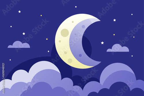 Cartoon baby moon and stars on a dark blue night sky