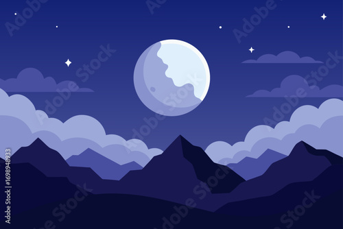 Full blue moon and stars over the mountains landscape
