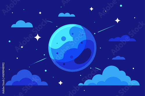 A crescent moon with twinkling stars shines in the dark night sky