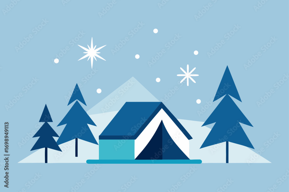 Fototapeta premium A beautiful winter landscape with snow-covered trees and a Christmas tree, perfect for a holiday card illustration with falling snowflakes and stars