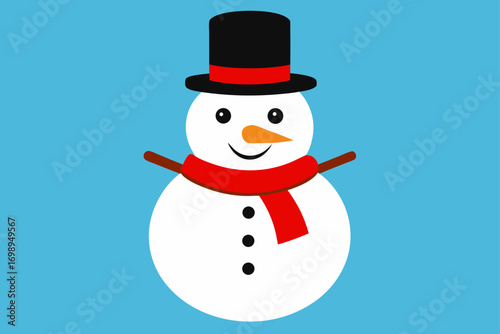 Cute vector cartoon illustration of a happy snowman wearing a red hat and scarf, holding a Christmas gift with snowflakes falling around him