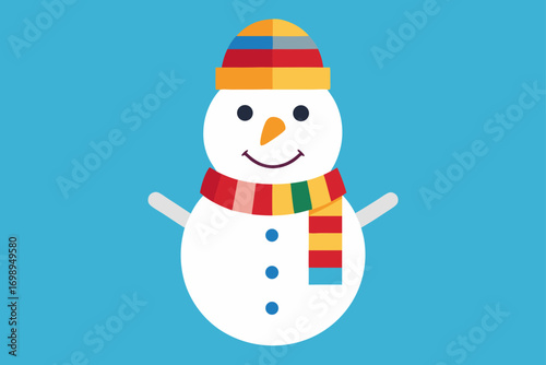 Happy holiday greeting card illustration with a snowman holding a broom, gift, and Christmas tree decoration in the cold winter snow