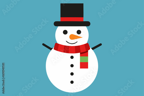 A joyful cartoon snowman wearing a red hat and scarf holds a Christmas gift in a winter wonderland