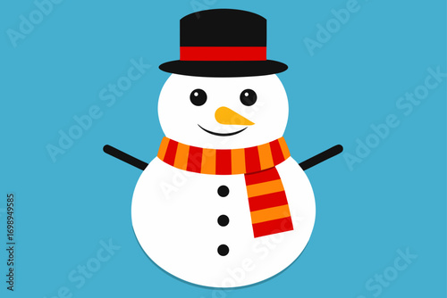 Happy winter holiday illustration of a smiling snowman wearing a red hat and a scarf, holding a broom