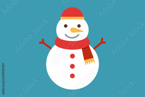 A cute cartoon snowman wearing a red hat with a Christmas tree and a gift, celebrating the happy winter holiday season