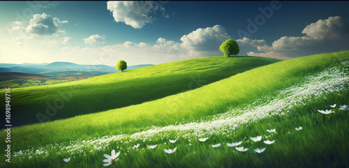 Beautiful spring landscape scene with rolling green hills and flowers. Generative ai