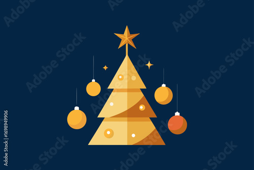 Vector holiday greeting card with a decorated Christmas tree and snowflakes on a winter celebration background