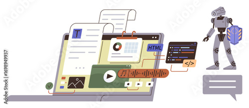 Laptop displaying multimedia content blocks, charts, and code snippets linked to a robot using AI. Ideal for automation, AI, programming, technology, productivity, innovation content creation