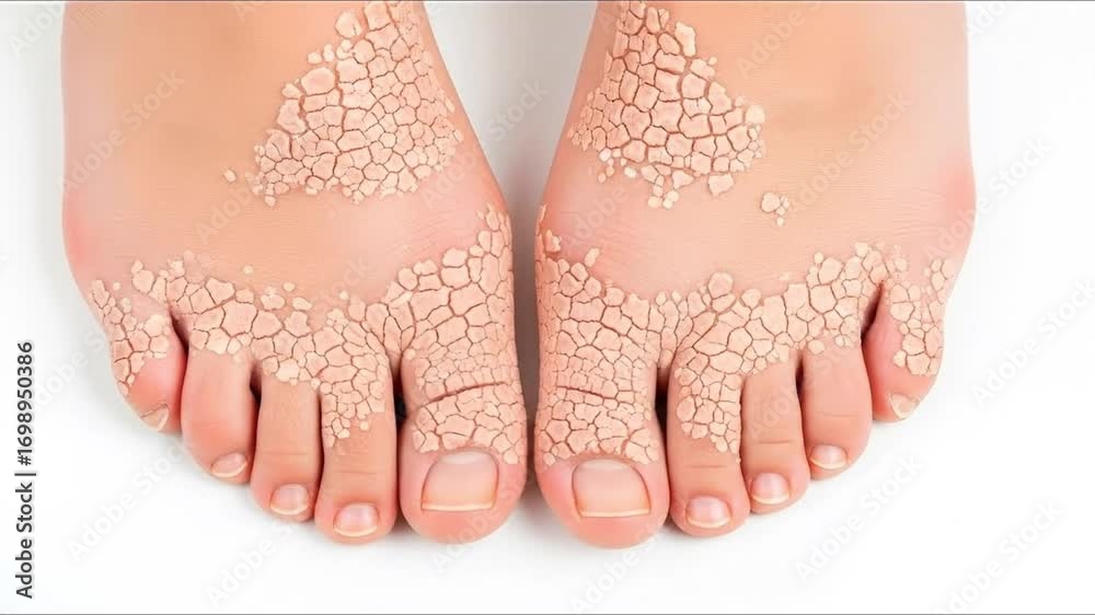 Human feet with very dry pale and cracked skin patches on the top surface against a plain white background
