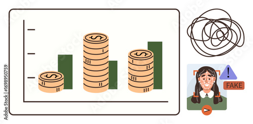 Bar chart with coins symbolizing financial growth, warning on fake media with a person s photo, messy scribble representing confusion. Ideal for finance, media awareness, misinformation, complexity