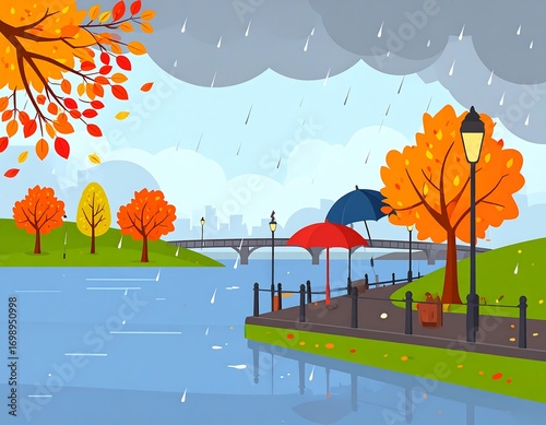 Rainy Autumn Park Scene