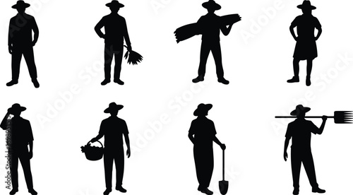 Silhouettes of farmers holding various tools and crops, depicting agricultural work, harvesting, gardening, and rural lifestyle, representing farming, cultivation, and outdoor labor activities