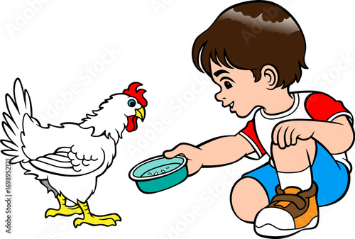 kid feed the chicken vector illustration isolated on white background