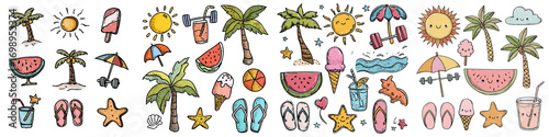 Summer vibes with hand-drawn beach elements for social media posts, vacation designs, or a fun summer party, featuring palm trees, sun, watermelon, and flip flops