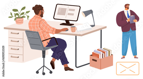 Worker typing on computer at tidy desk with files, lamp, and plant. Manager stands nearby with clipboard discussing tasks. Ideal for teamwork, job roles, workplace, efficiency, productivity