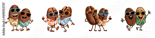 Celebrate Summer with Coffee Bean Friends in Hawaiian Shirts and Sunglasses, Perfect for Coffee Shops, Cafes, and Fun Beverage Promotions, Bring the Aloha Spirit to Your Brand