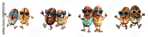 Fun coffee beans characters in sunglasses and Hawaiian shirts enjoying summer vibes, perfect for coffee shops, tropical themes, and vibrant social media posts!