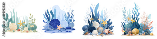 Enchanting underwater scene with seashells, starfish, and coral reef, perfect for summer vibes and ocean themed designs, evoke a sense of tranquility and wonder
