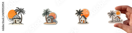 Tropical getaway vibe with charming beach house stickers, dreamy sunset and palm trees for creative summer designs, vacation mood, travel blog illustrations, and island life