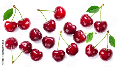 Fresh cherries arranged on a white background