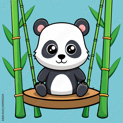 Friendly panda swinging on bamboo