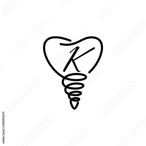Minimalist line art logo featuring the letter "K" inside a tooth shape with a dental implant base, symbolizing modern dentistry and implant care.