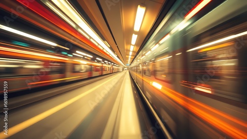 An abstract urban transit scene with motion streaks, capturing dynamic city energy.
