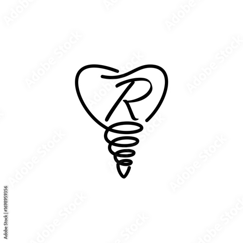 Minimalist line art logo featuring the letter "R" inside a tooth shape with a dental implant base, symbolizing modern dentistry and implant care.