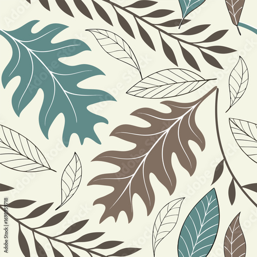 Decorative foliage unfolds with teal and brown leaves in an elegant botanical pattern