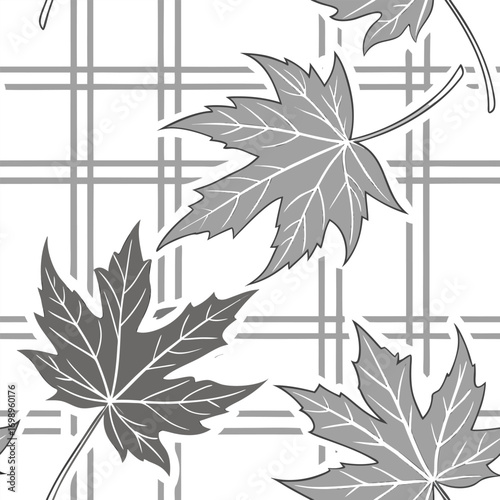 Gray maple leaves delicately overlay a subtle gray plaid pattern for a natural touch