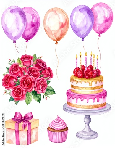 Watercolor illustration of a birthday cake, roses, balloons, gift, and cupcake. Pink, purple, and peach color palette