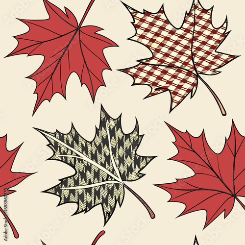 Red maple leaves and patterned maple leaves displayed as a seamless autumn pattern