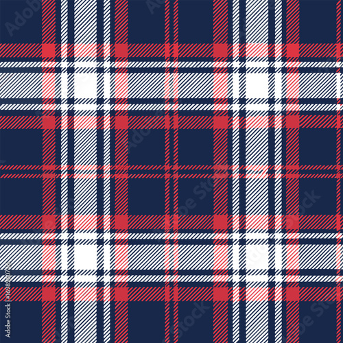 Seamless tartan material displays white, blue, and vibrant red hues for textile application