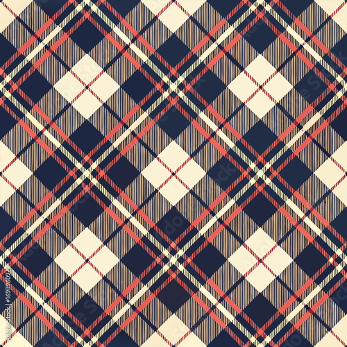 Seamless traditional plaid texture features dark blue with light coral and cream lines at an angle