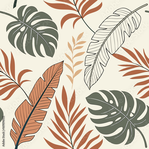 Tropical leaves pattern shows monstera and palm shapes in autumn hues against a light background