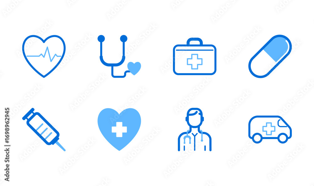 Obraz premium Healthcare icon vector set featuring medical symbols, health, care, heart, doctor, nurse, hospital, clinic, medicine, pill, vaccine, ambulance, stethoscope. 