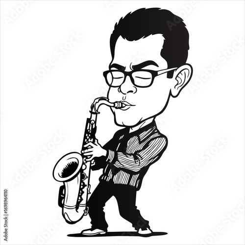 Saxophonist caricature musician playing saxophone.